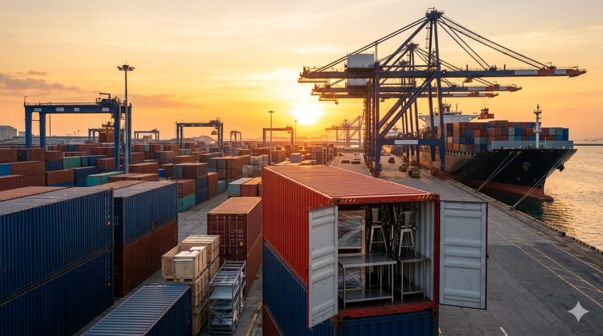 Contenedor con muebles de metal en puerto marítimo para importación desde China a Ecuador